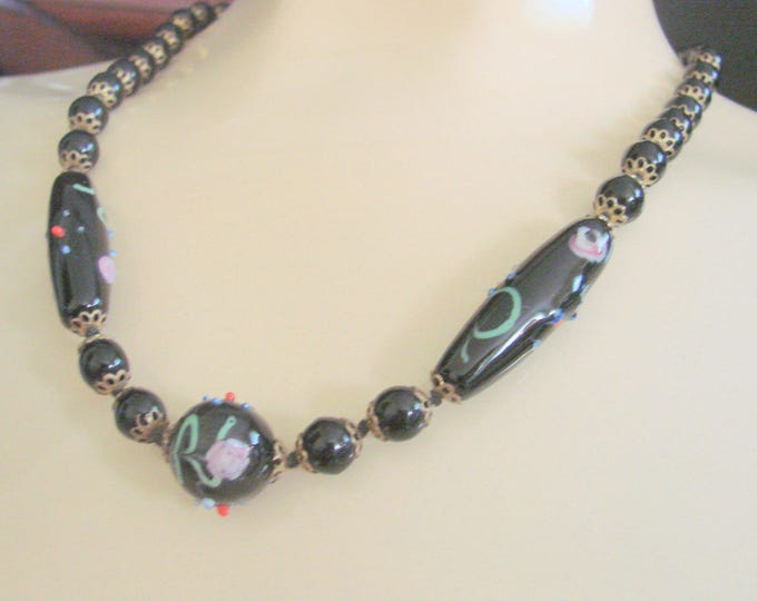 Venetian Black Art Glass Wedding Cake Bead Necklace / Filigree / Italian / Vintage Jewelry / Jewellery