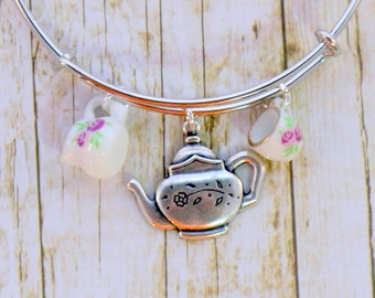 Antique silver teapot stackable charm bangle, expandable pink and white china cup creamer charm bracelet, tea time, pouring tea, tea jewelry