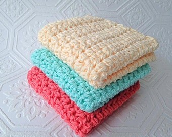 Cotton Washcloths, Crochet Washcloths, Cleaning Cloth, Ecofriendly, Reusable, Set of 3, Crochet Washcloths, Handmade