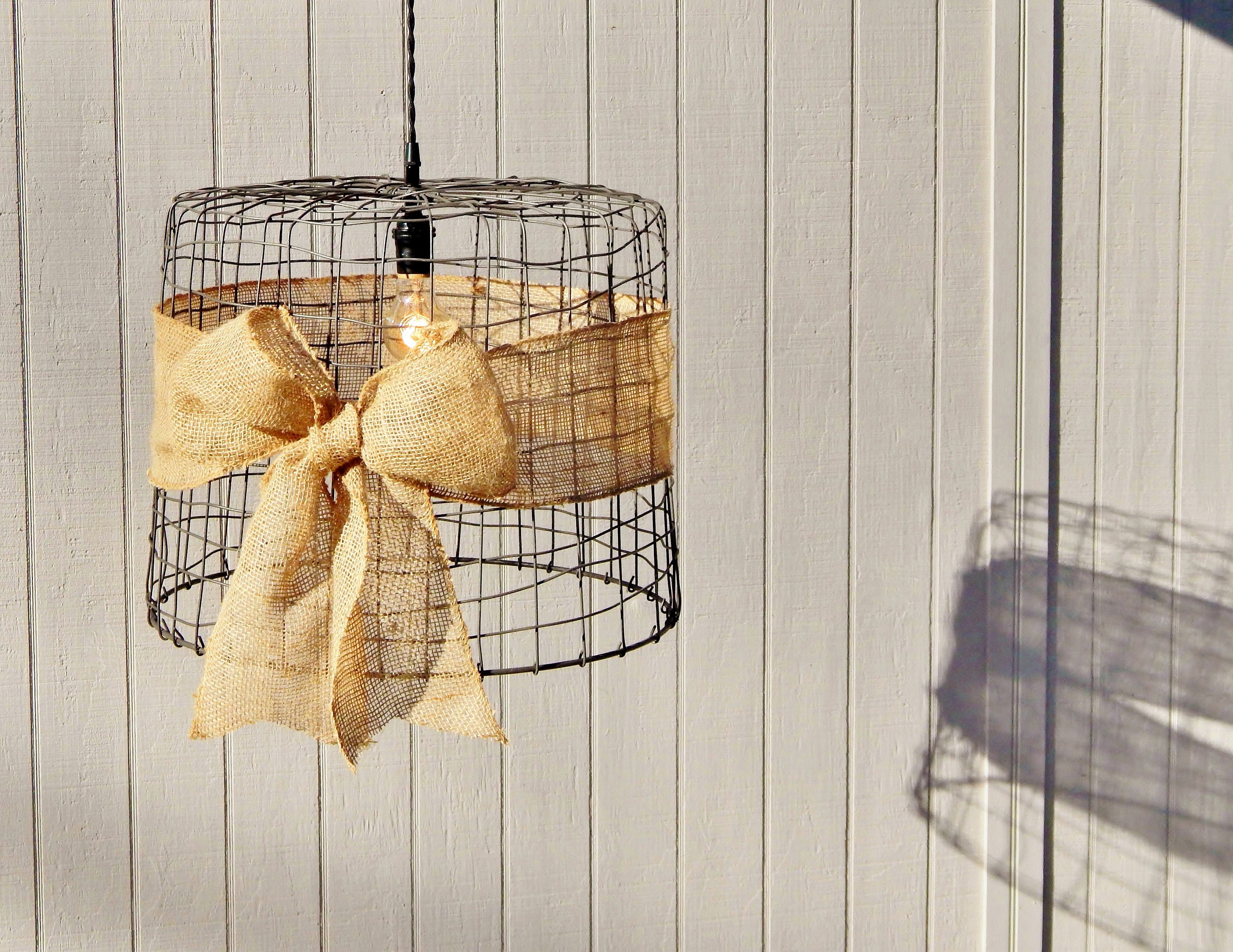 Wire Basket Hanging Light Natural Burlap Trim Pendant