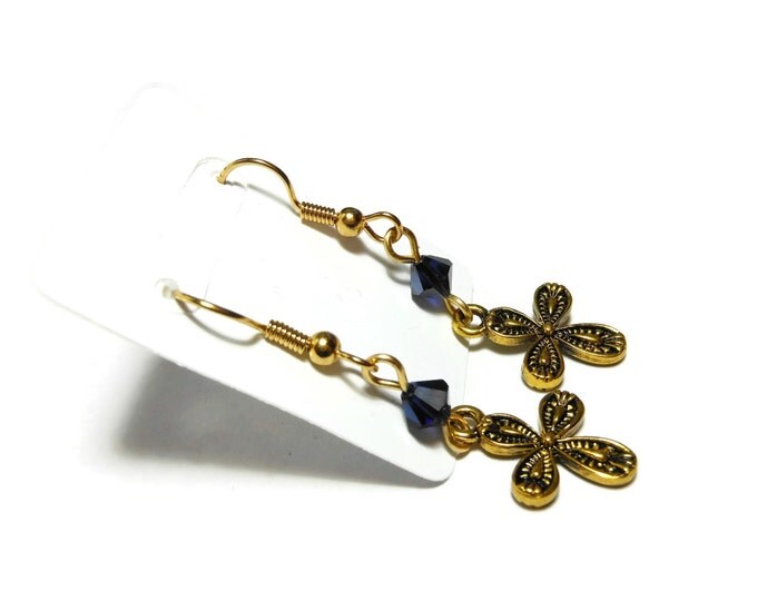 FREE SHIPPING Small cross earrings, gold tone ornate crosses, gold plated french wires, sapphire blue Swarovski crystals, dangle earrings