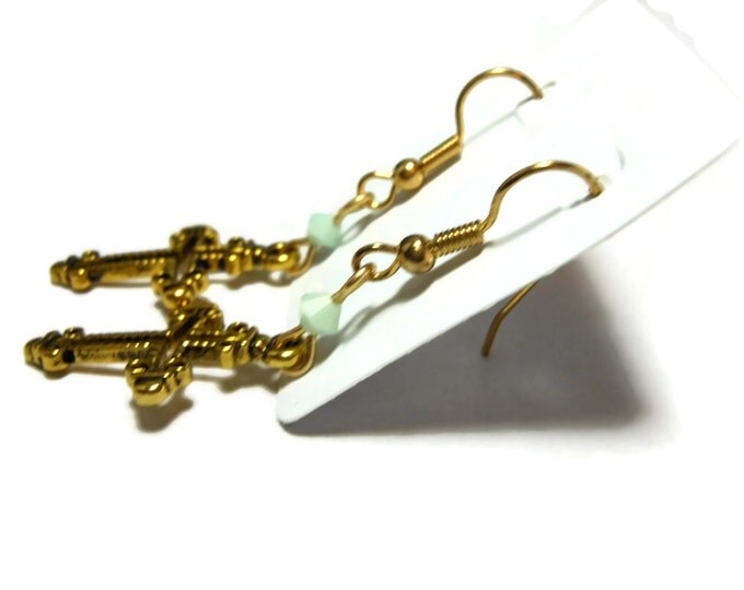 FREE SHIPPING Small cross earrings, gold tone Fleury crosses, gold plated french wires, opaque green Swarovski crystals, dangle earrings