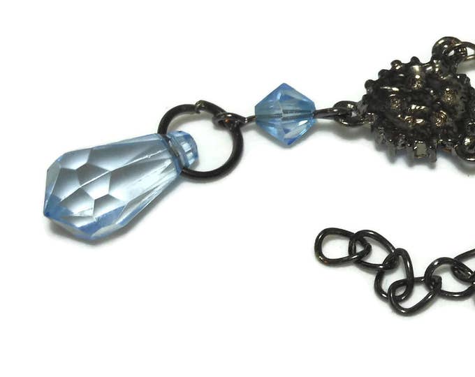 FREE SHIPPING Blue crystal necklace, up-cycled vintage glass beads rhinestone center, blue Swarovski crystal briolette, gunmetal chain