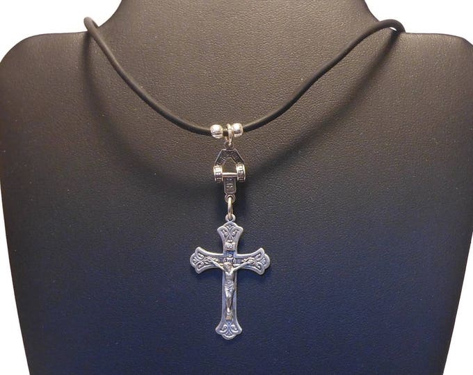 FREE SHIPPING Sterling crucifix cross pendant, silver Crucifix, black cord sterling findings, unisex pendant, religious gift, 925 silver