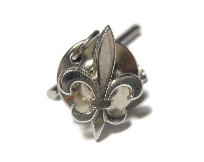 Swank Fleur-de-lis tie tack, flower of the lily, silver tie tac pin, use to represent French royalty, signifys perfection, light, and life