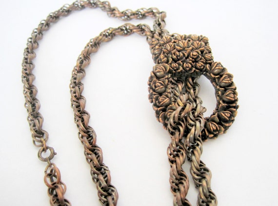 Copper Tassel Necklace - Signed A Goodman NY - Copper Roses - Twist Chain