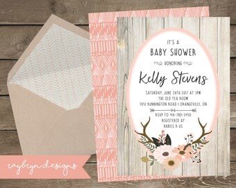 Oh Deer! | Rustic Baby Girls Shower Invitation | Barn Board with Soft Pink Floral Antler | Pink and Grey Details | Printable file.