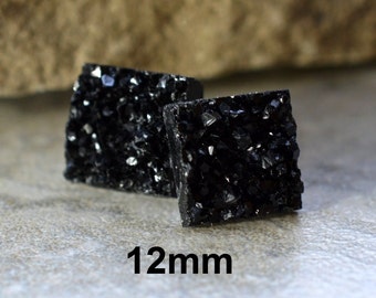 Jet Black Studs, Black Earrings, Square Studs, Druzy Earrings, Flat Back Stud, 12mm Studs, Resin Earrings, Handmade, Rostone, Large Earrings