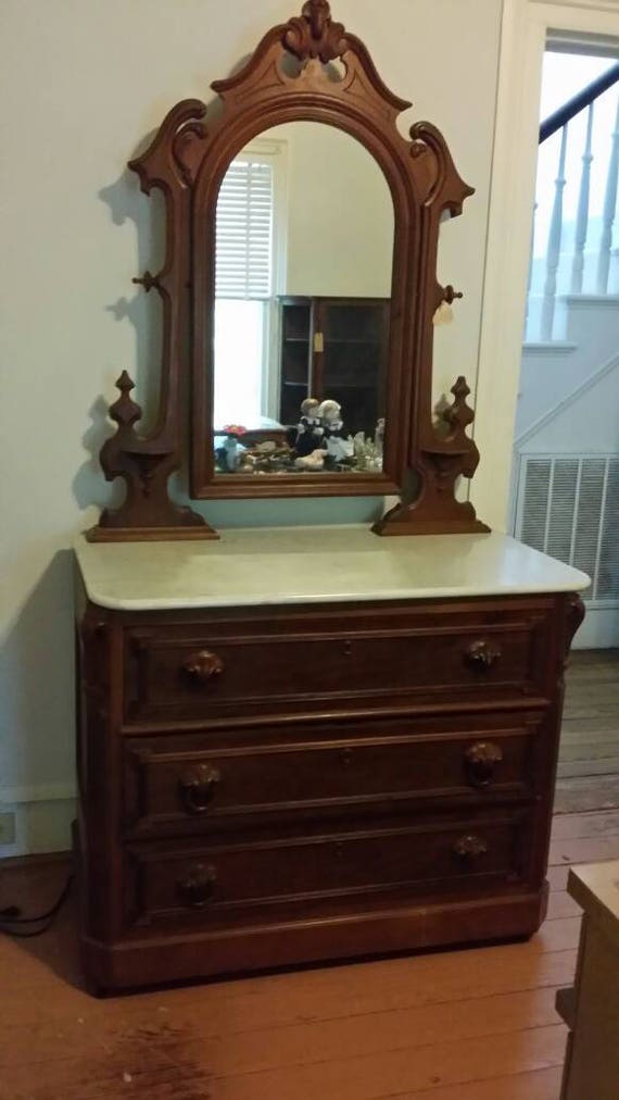 Items similar to Antique Victorian Walnut Marble Dresser with Mirror