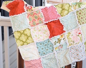 Baby rag quilt, homemade rag quilt, Pink rag quilt, aqua rag quilt, green rag quilt, floral rag quilt, baby girl rag quilt, ready to ship