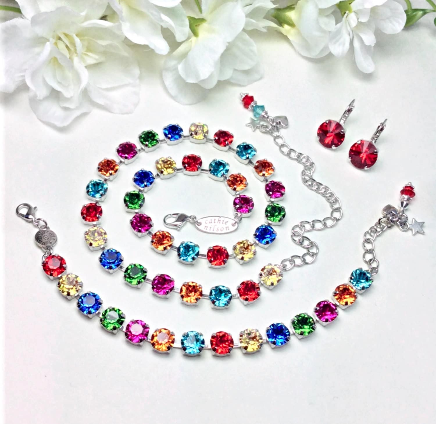 Swarovski Crystal 8.5mm Necklace, Bracelet & Earrings - Designer Inspired  - " Joy" - Happy Rainbow Colors  - FREE SHIPPING