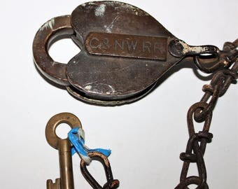 Antique Slaymaker Brass Padlock, Chicago and Northwestern Railroad Padlock with matching key, C&NW RR Switch Lock, Slaymaker Padlox