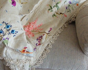 1947 Hand Embroidered Tablecloth w/ Tatted Edging, Japanese Style w/ Intricately Detailed Panels 56 x 66