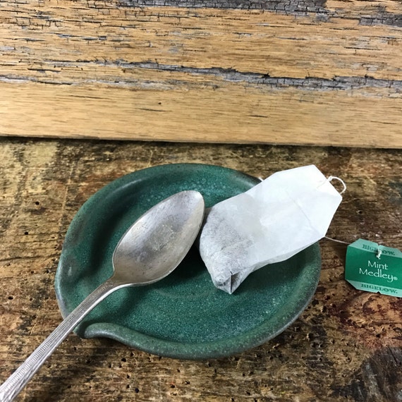 Ceramic Spoon Rest / Tea Bag Rest / Copper Green Pottery Spoon