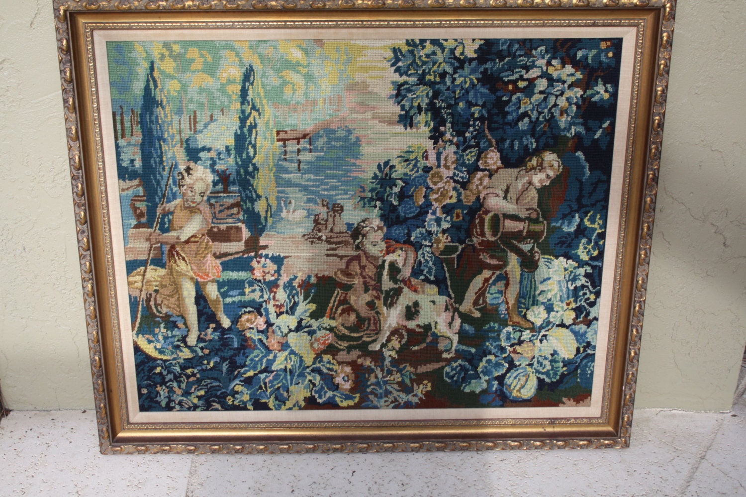 Reserved for Annie Large Vintage Framed Needlepoint Picture