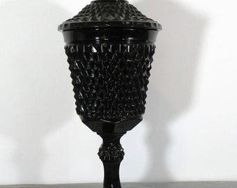 Black Glass Apothecary Jar, Vintage 1977, Tall and Elegant, Tiara Exclusive Cameo Black Chalice with Cover #10300 by Indiana Glass - SD