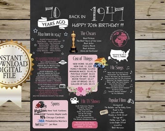 1947 BIRTHDAY CHALKBOARD - Adult Bday Chalkboard - 70 years ago BACK in 1947 - Ideal 4 Birthday Party - Instant Download - Digital Printable