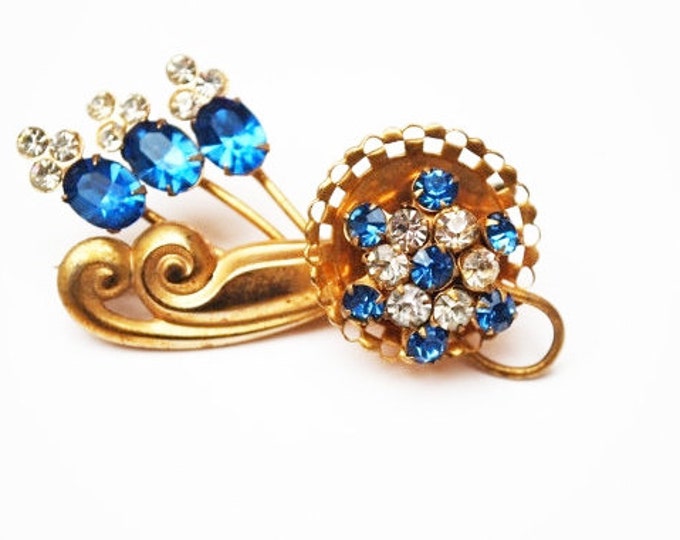 Blue Rhinestone flower Brooch - Gold Plated Floral -Mid century Pin