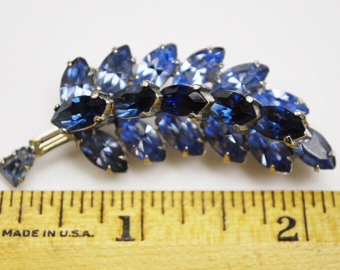 Blue Rhinestone Brooch l - Flower Leaf floral pin - silver tone - mid century