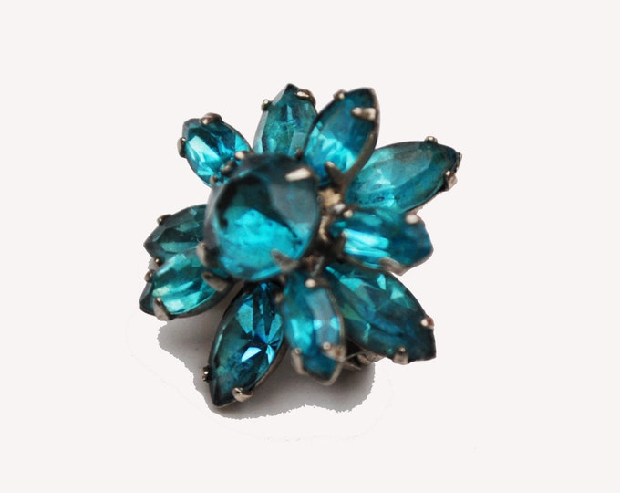 Aqua Blue Flower Brooch - Rhinestone Floral - Mid Century small pin jewelry