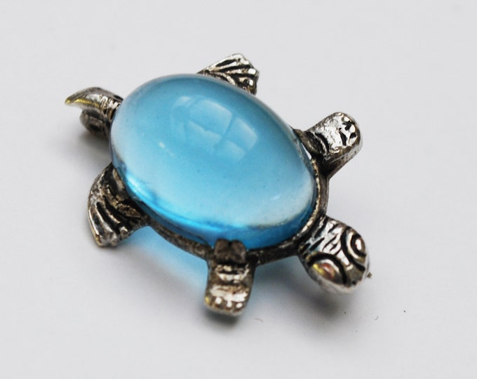 Turtle Brooch -Jelly belly - Blue Resin Cabochon - Silver plated - figurine pin