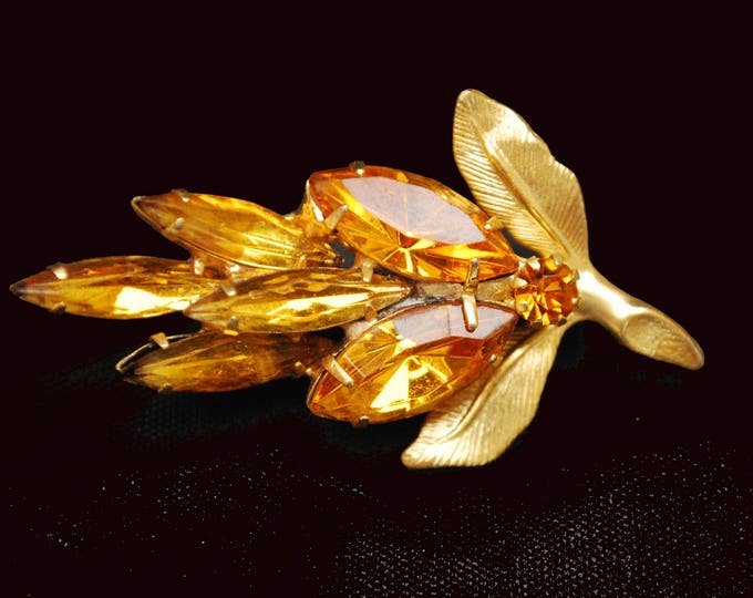 Rhinestone leaf Brooch - Amber Orange Class Rhinestone - mid century - Floral flower pin