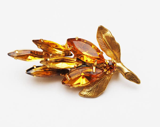 Rhinestone leaf Brooch - Amber Orange Class Rhinestone - mid century - Floral flower pin