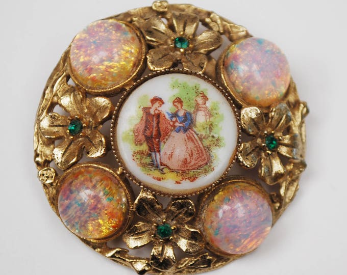 Limoge Fragonard Style Brooch - painted porcelain - Courting Couple Brooch - gold metal - green Rhinestone - Pink Art Glass