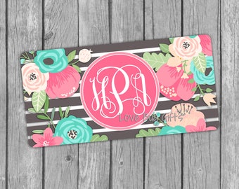 Gray Stripe and Floral Monogrammed License Plate, Monogram, Personalized, Preppy