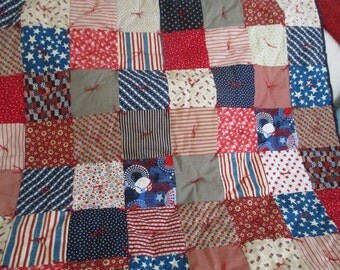 Americana Red White and Blue Baby Quilt Hand tied