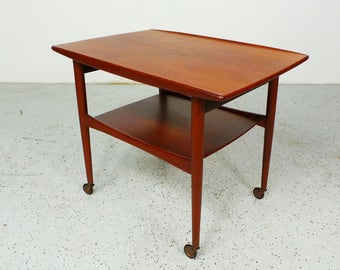 mid century Danish modern teak Grete Jalk style winged bar rolling cart KTN