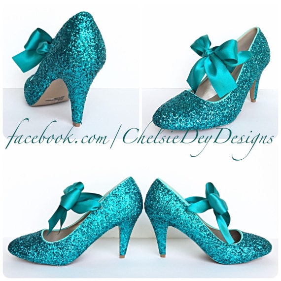 Teal Glitter High Heels Aqua Turquoise Blue by ChelsieDeyDesigns