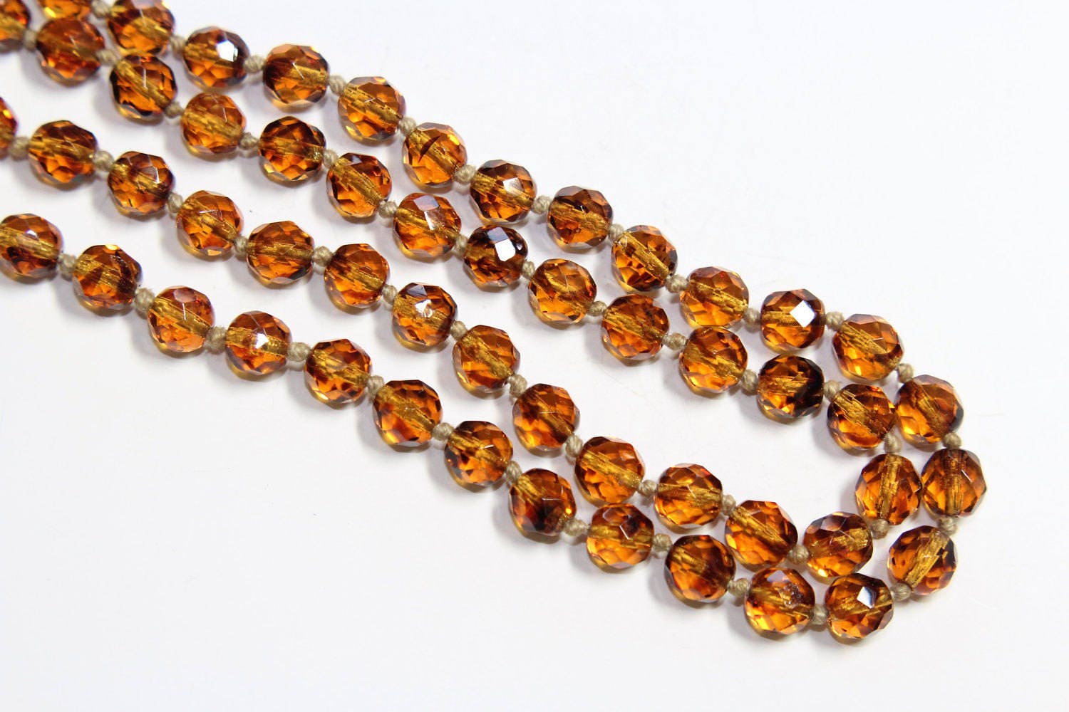 Amber Faceted Glass Beads Knotted Double Strand Vintage