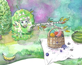 Green Sheep Art Print - Sheep Nursery Art - Farm Nursery Wall Art - Lamb Print - Sheep Illustration - Kids Room Painting - Barnyard Art
