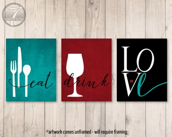 Kitchen Wall Art Print Set, Eat Drink Love Utensils Wine // Teal, Burgundy, Black // Modern Kitchen Art // Set of (3) Many Sizes // Unframed