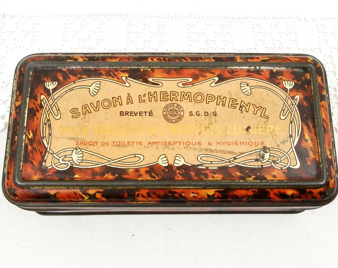 Antique French Lithographed Art Nouveau Antiseptique Soap Tin Box Gold Lettering, Apothecary, French Country Decor, Brocante, Retro, Decor Antique French Lithographed Art Nouveau Antiseptique Soap Tin Box Gold Lettering, Apothecary, French Country Decor, Brocante, Retro, Decor