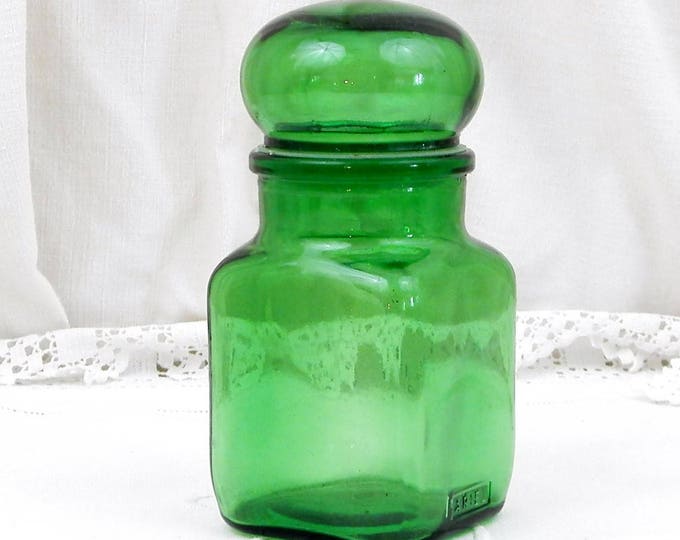 Small Square Vintage Mid Century French Green Glass Apothecary Jar with Glass Lid, Country Decor, Brocante, Vintage Style, Kitchen, Storage