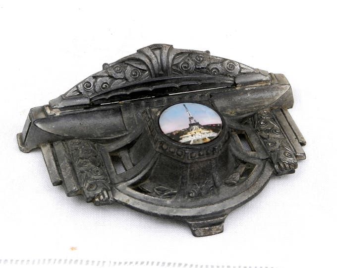 Antique Art Nouveau Eiffel Tower Ink Well and Pen Rest, Cast Metal, Souvenir of Paris, Parisian, Style, Office, Desk, Decor, Home, Interior