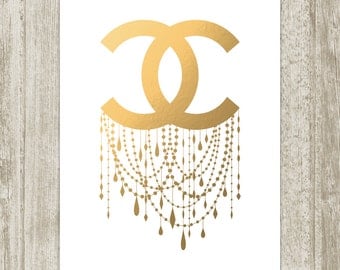 Coco Chanel Print, Printable Faux Metallic Gold Chandelier Poster, Fashion Wall Decor, Glamour Art 8x10 11x14 16x20 18x24 Instant Download