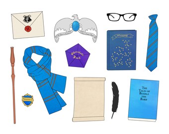 Harry Potter Hogwarts sorting house pride house aesthetics Ravenclaw blue and bronze scarf tie Rowena Ravenclaw diadem prefect badge