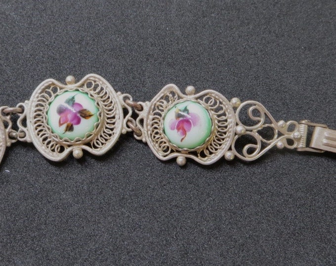 Vintage Silver Cannetille and Porcelain Bracelet, Roses and Leaves, Garden Wedding Bracelet