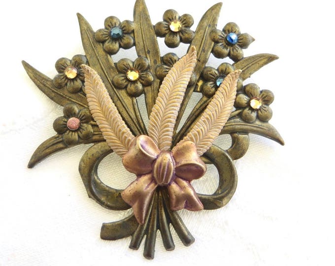 Vintage Flower Bouquet Brooch, Rhinestone Forget-Me-Not Flowers, Rose Gold Bow