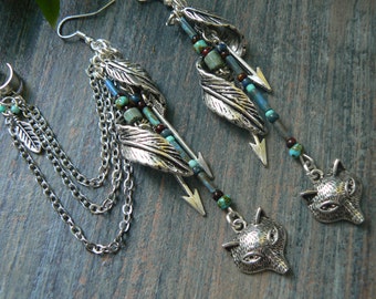 wolf ear cuffs woodland ear cuffs tribal ear cuff elfin feather cuff SET fox in boho gypsy hipster festival pow wow hippie gypsy