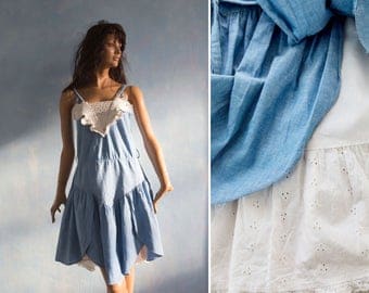 Two layers 70s cotton dress/ boho prairie country blue white cotton lace underskirt dress/ S