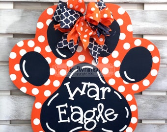 Football Door Hanger: War Eagle Auburn Alabama Tiger Paw Sports Team Sign