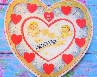 OMG! 1950's Large VINTAGE Valentine's Day Card CHERUB Angels 7" x 7"