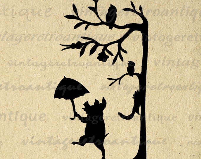 Digital Image Pig with Umbrella Birds and Squirrel Silhouette Download Printable Graphic Vintage Clip Art Jpg Png HQ 300dpi No.3301