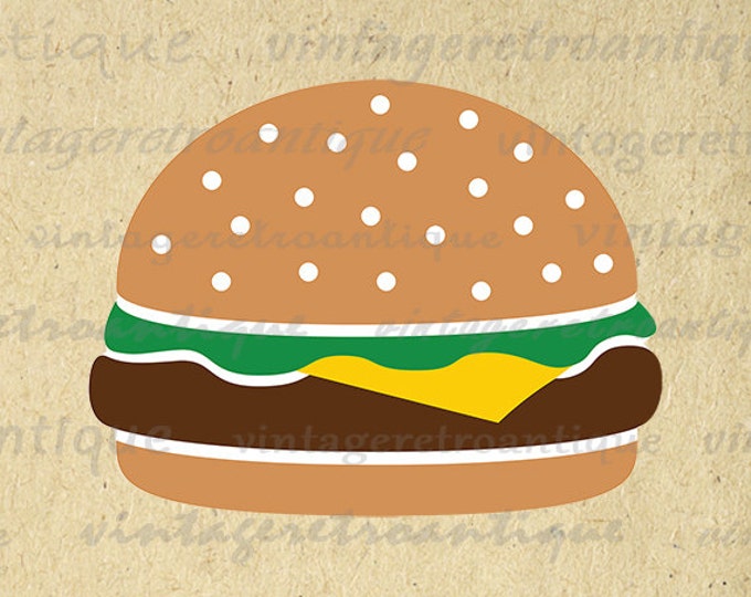 Hamburger Printable Image Digital Graphic Cheeseburger Color Illustration Download Antique Clip Art HQ 300dpi No.4028