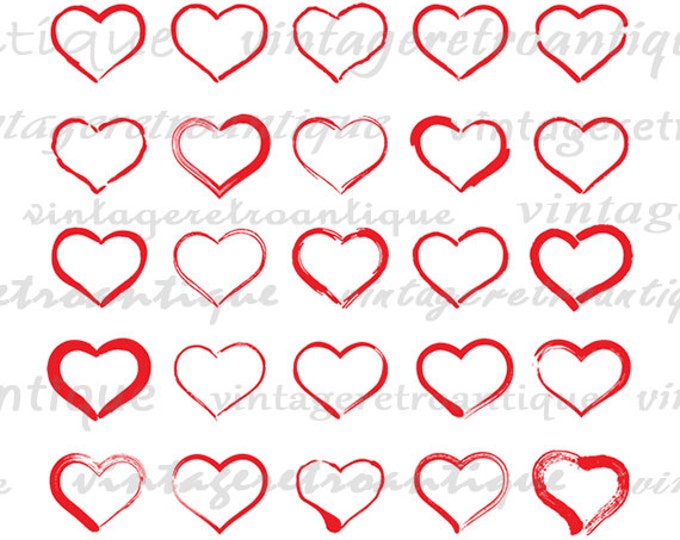 Digital Printable Handdrawn Hearts Collage Sheet Download Graphic Love Romance Image Antique Clip Art HQ 300dpi No.4024