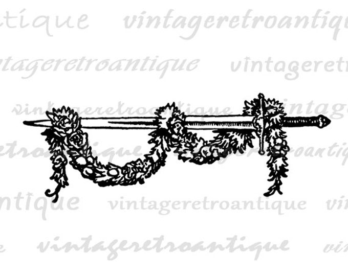 Digital Sword with Flower Garland Graphic Download Printable Image Vintage Clip Art Jpg Png Eps HQ 300dpi No.2877